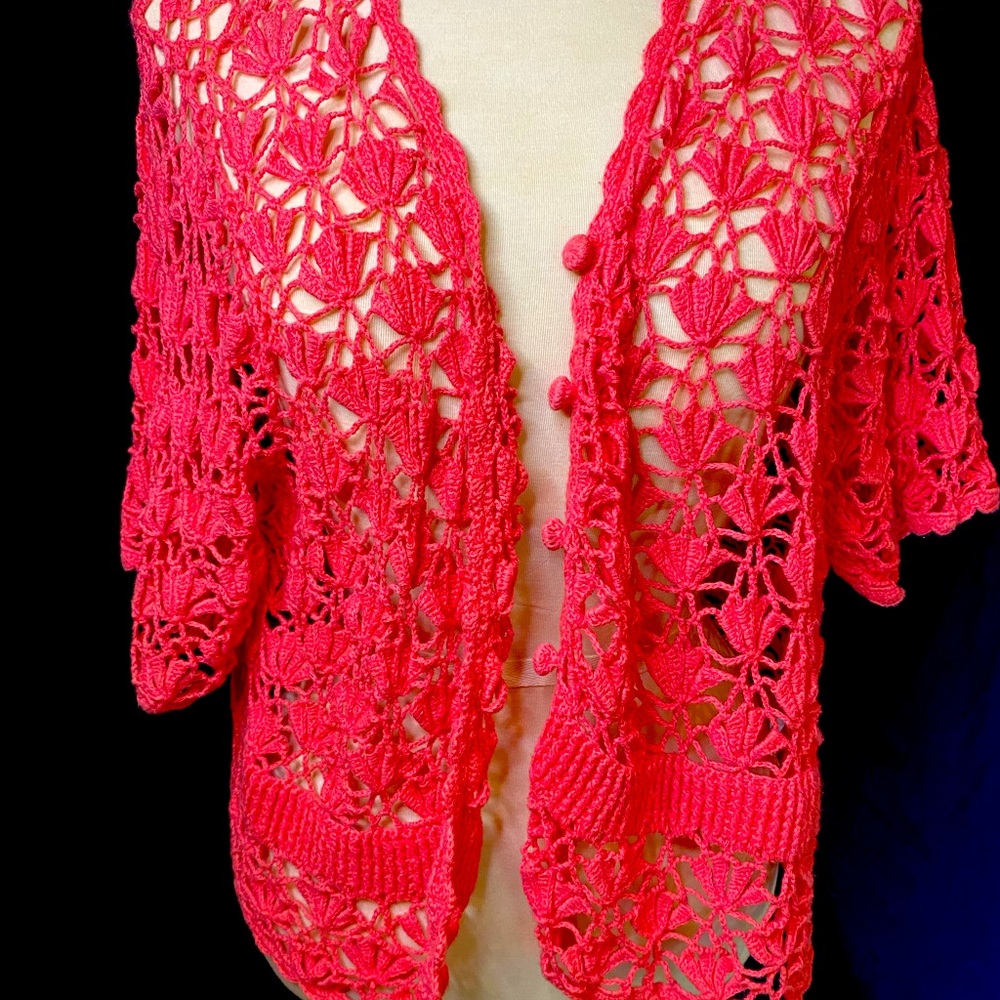 Jessica London pink coraly colored crochet shrug